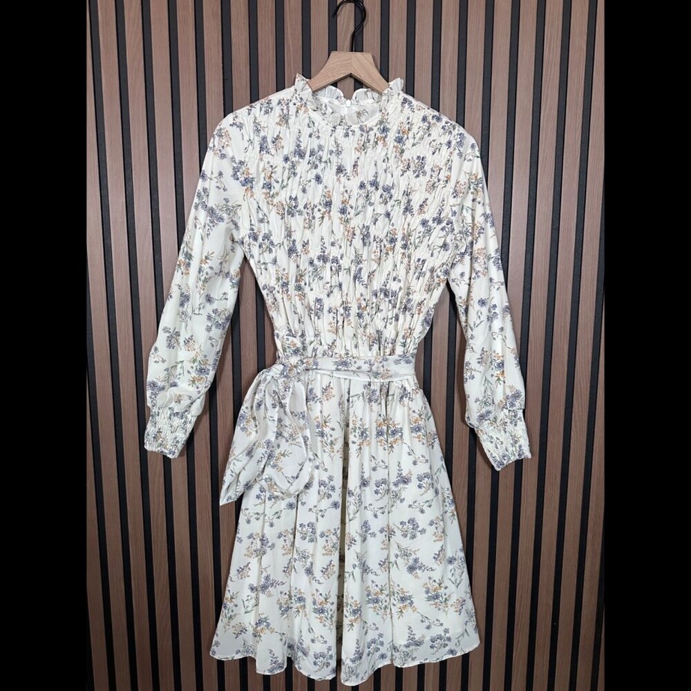 Static Dress Small Womens White Ruffled Mock Neck Waist Tie Flowy Smocked Floral